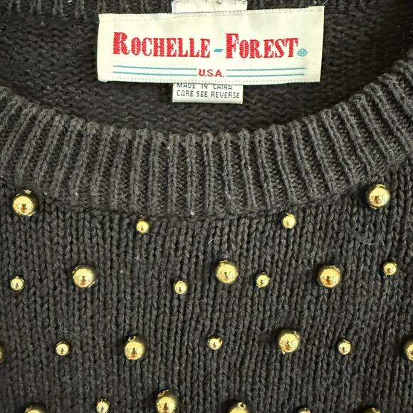 Vintage Rochelle-Forest Black Sweater Gold Stud Beads Ramie Cotton L - Picture 10 of 16